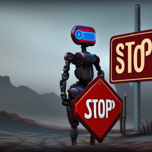 robot holding a stop sign detailed matte painting, deep color ...