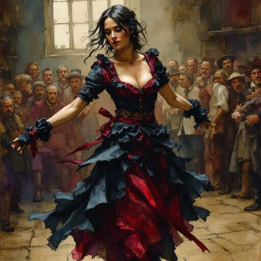 Tantalizingly beautiful dancer in flowing strands of black and red silk as she dances on stage before a rowdy crowd in a dingy medieval tave...