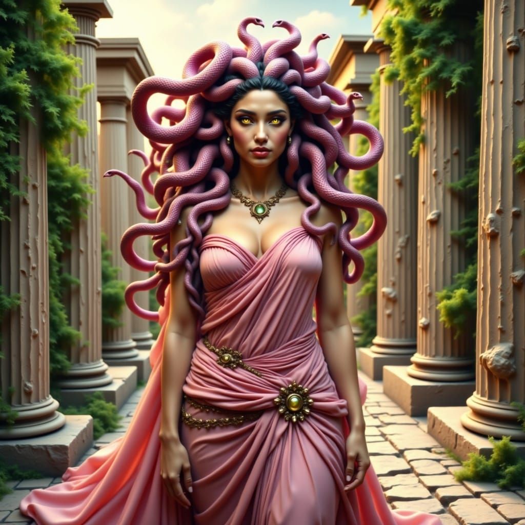 beautiful medusa, pink snakes for hair, pink ancient greek attire, bright yellow eyes, ancient greek background <lora:Medusa:1.0> 