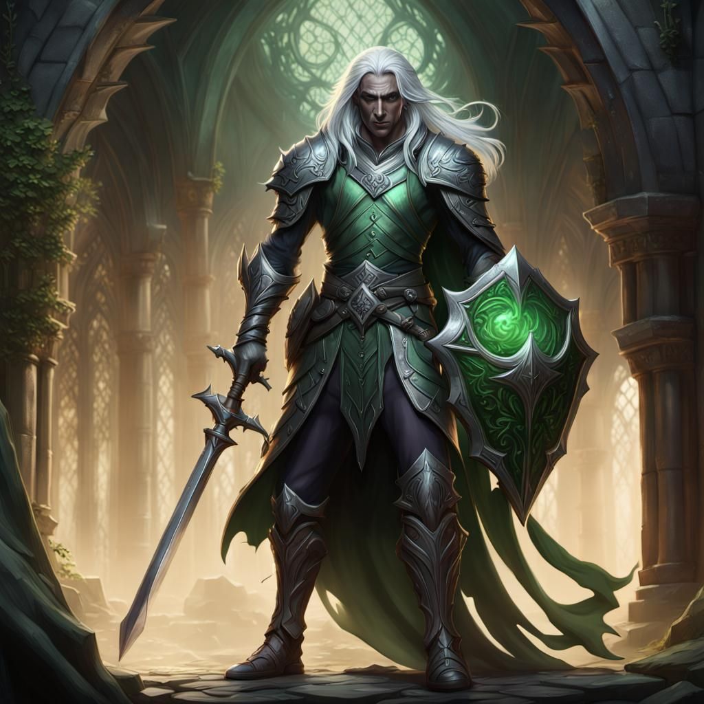 epic D&D drow male, long flowing white hair, grey skin, Green platemail ...