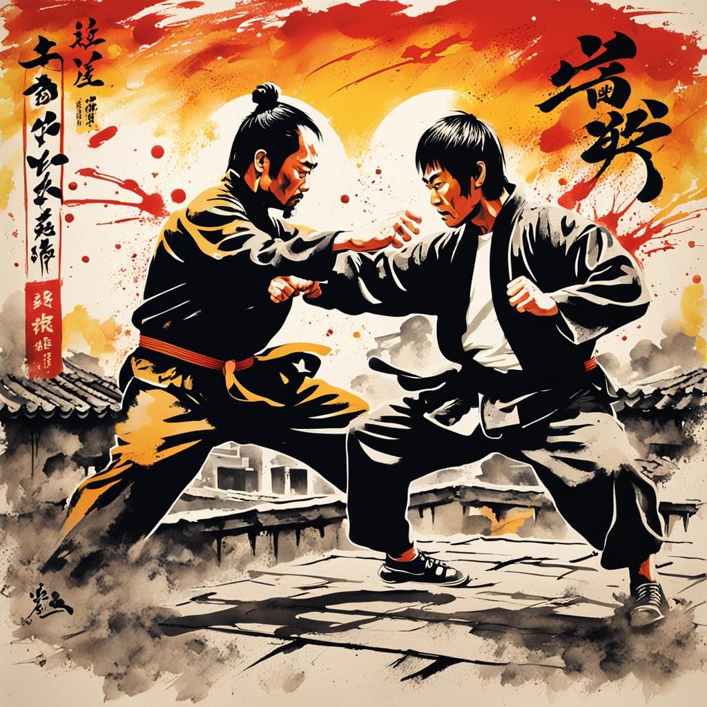 Kung Fu Masters Battle: Chinese Ink Painting Poster