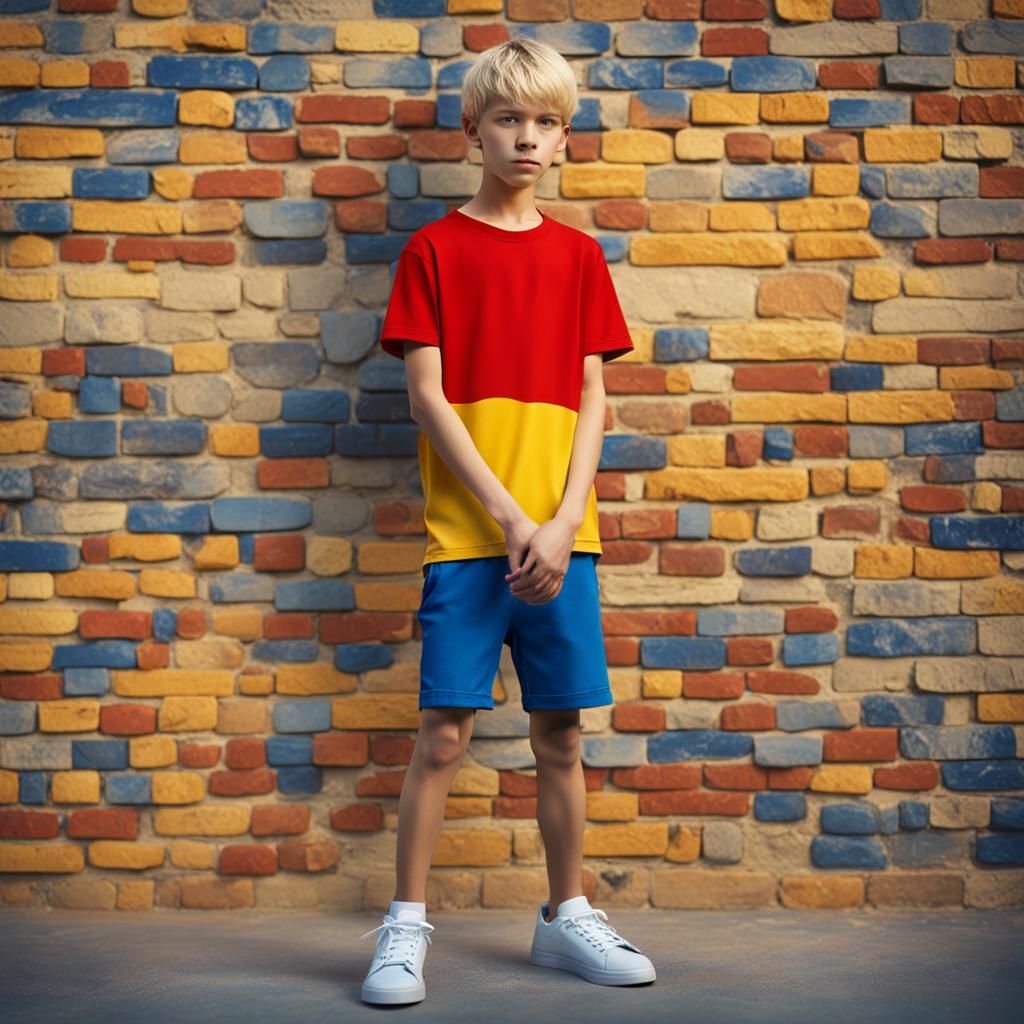 14yo skinny blonde boy wearing yellow shorts and a red t-shirt, standing in front of a brick wall.

