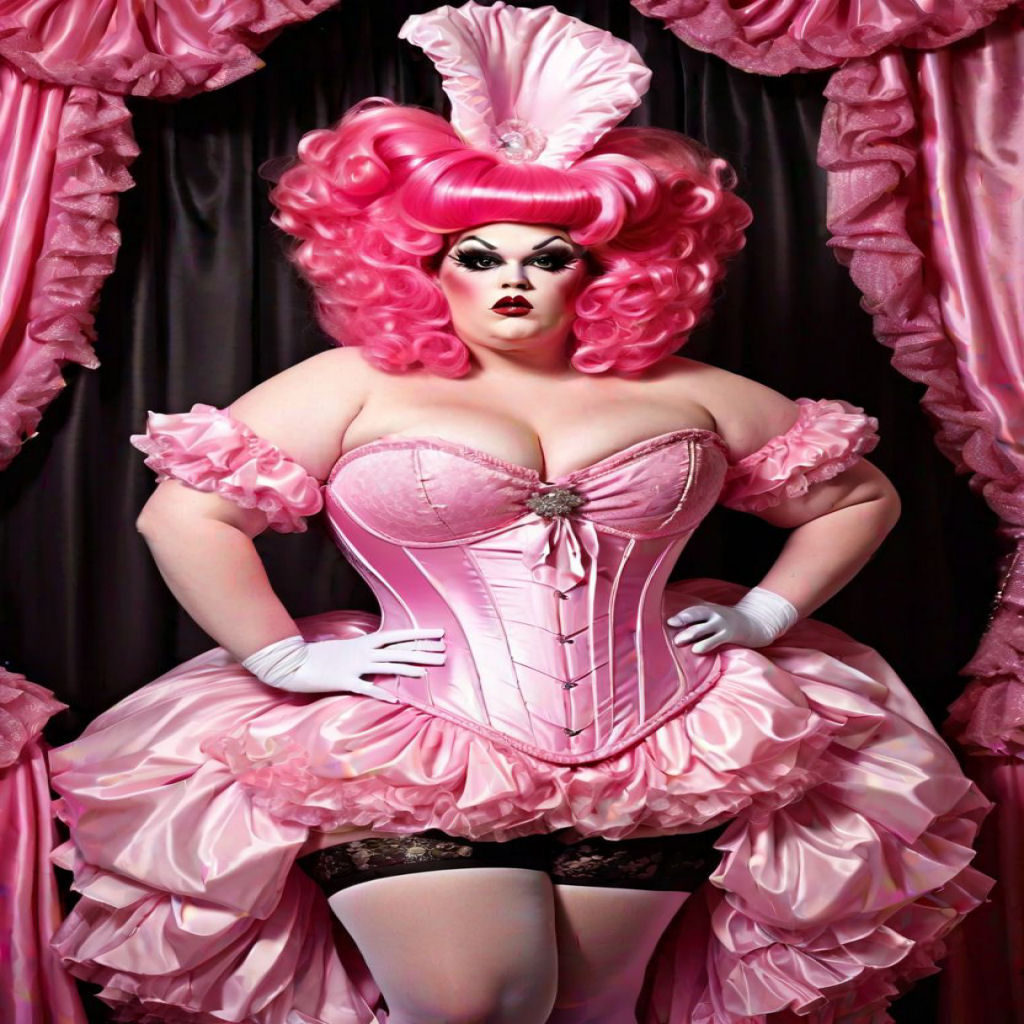 Poofy Extravagant Ultra Femme Fat Obese Overweight Drag Queen wearing a Flamboyant Satin Corset and Silk Stockings
