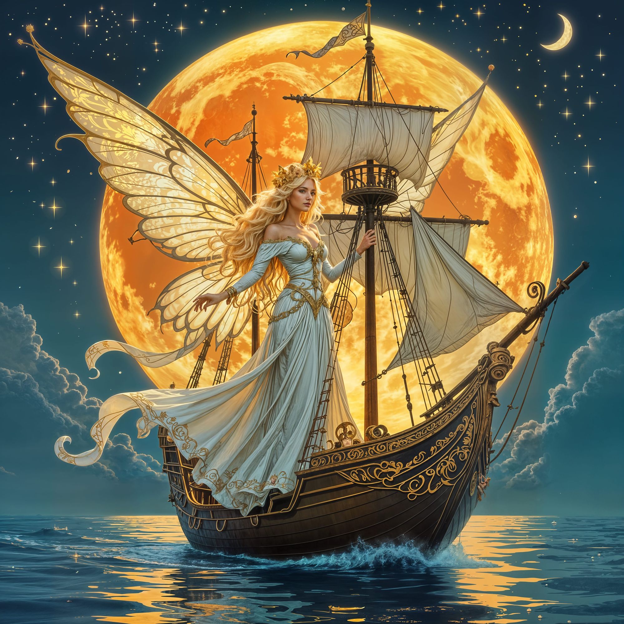 The giant orange moon was so large it seemed unnatural. The moon rose just above the horizon as the night was begining.
The giant three mast...