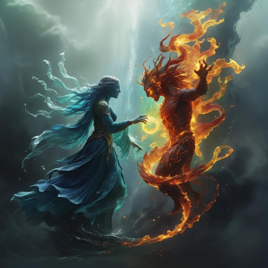 Epic cinematic digital matte painting. Close-up. A water spirit meets a fire spirit, surrounded by swirling energy and intricate, meticulous...