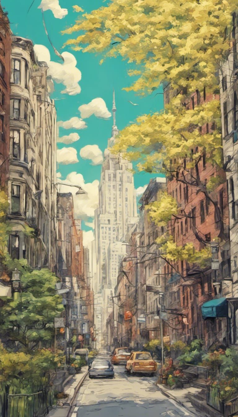 Springtime in New York, drawn in art style of Studio Ghibli