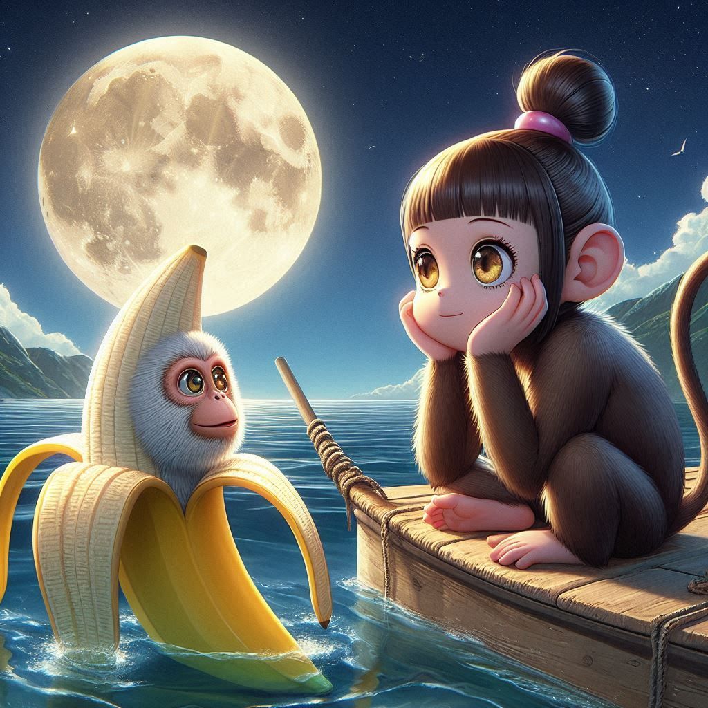 a wise monkey and a cute banana watching the moon at the sea. 3d realistic anime