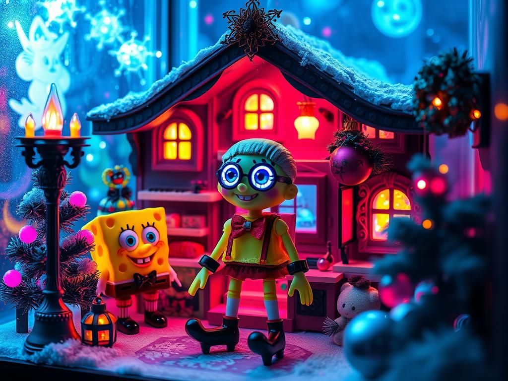 Gothic Dollhouse with Spongebob Goth-Girl in Dreamlike Scene