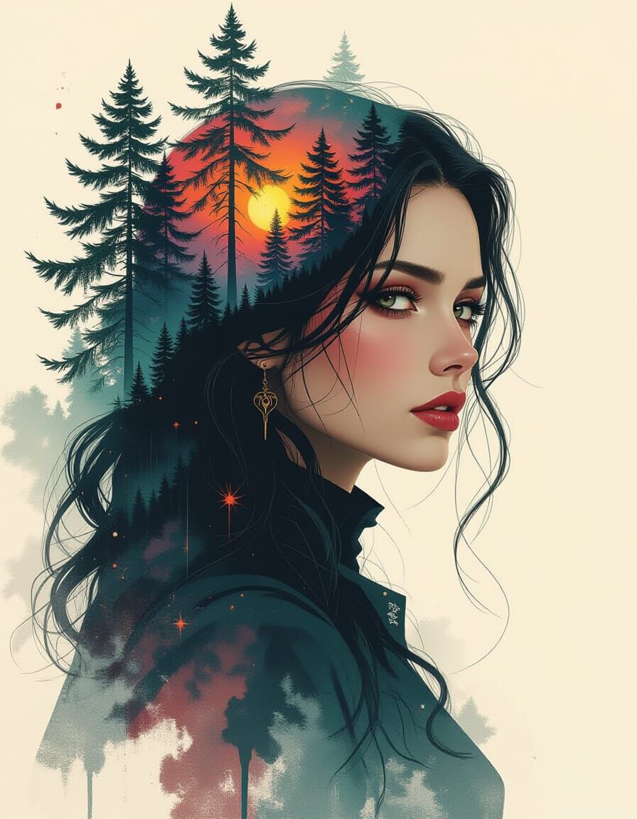 double exposure photography trees in head of witch, Speedpaint with large brush strokes by Junji Ito, ...  by @Ima