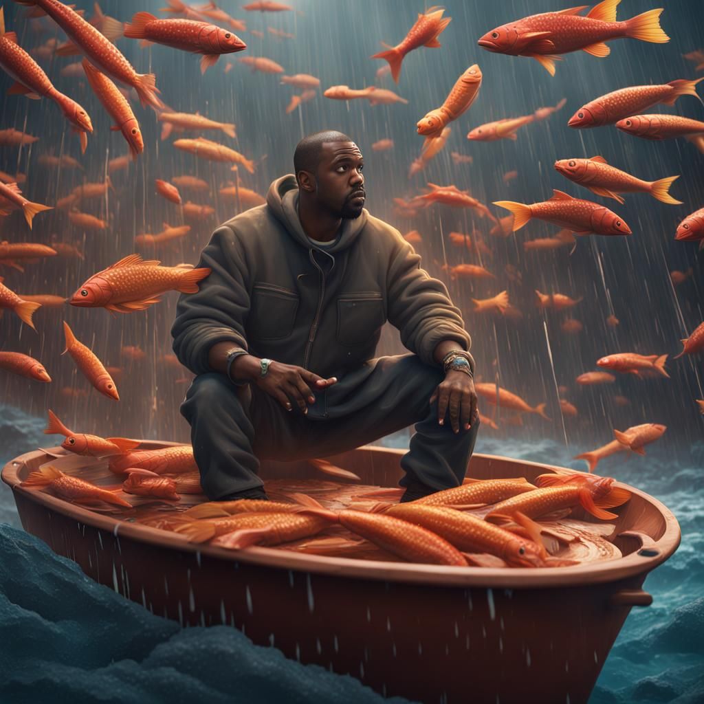 kanye west and sky is raining down fish sticks - AI Generated Artwork ...