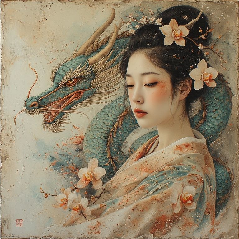 Woman with orchids and dragon