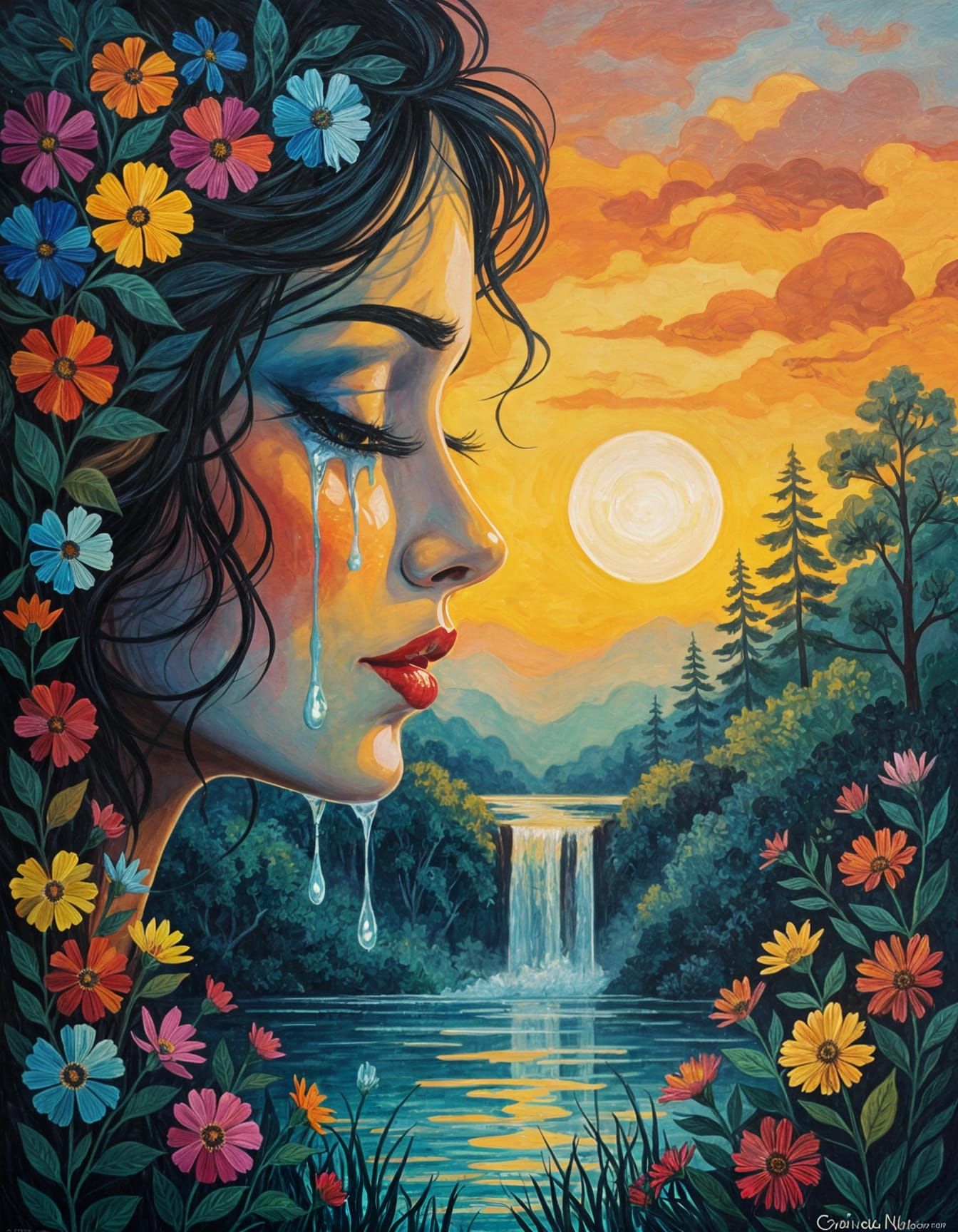 Silhouette Face with Tears: Impressionist Acrylic Painting