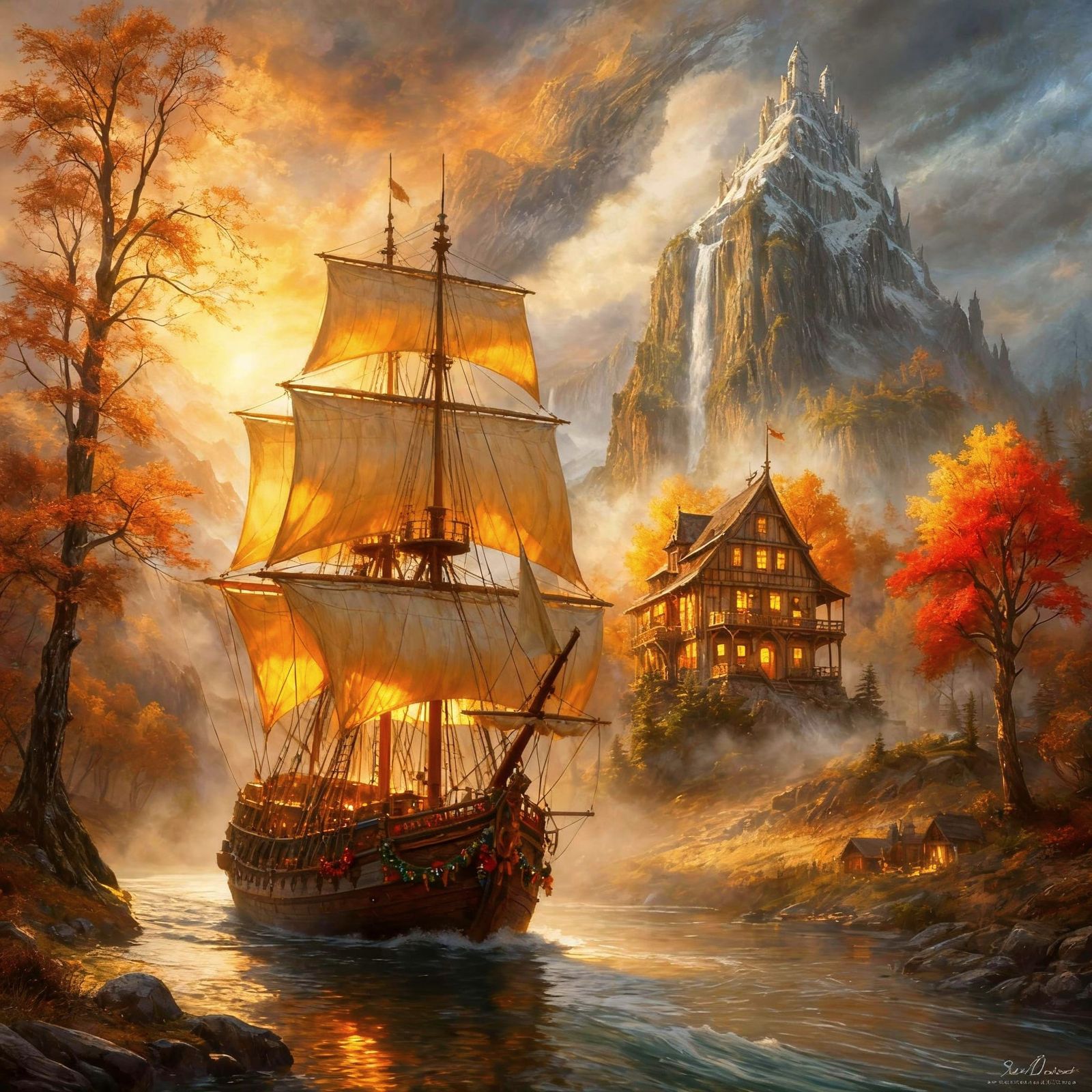 Fantasy Galleon on River in Autumn Landscape