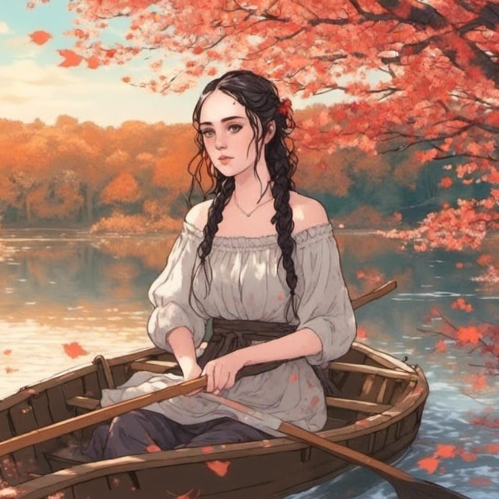 waist-up portrait of <lora:Natalie Face:1.0> in a row boat o...