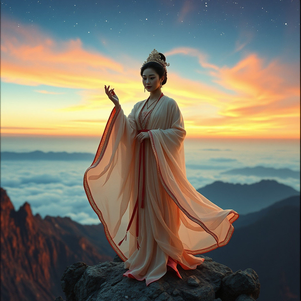 Color acrylic image of an Asian female goddess wearing the most diaphanous robe above an impossibly beautiful celestial landscape Cinematic...