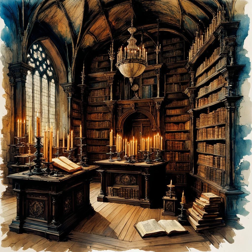 ancient monastery library, with maps, globe and many candlesticks, by Arthur Rackham, Carne Griffiths ...  by @Tina auf der Blumenwiese