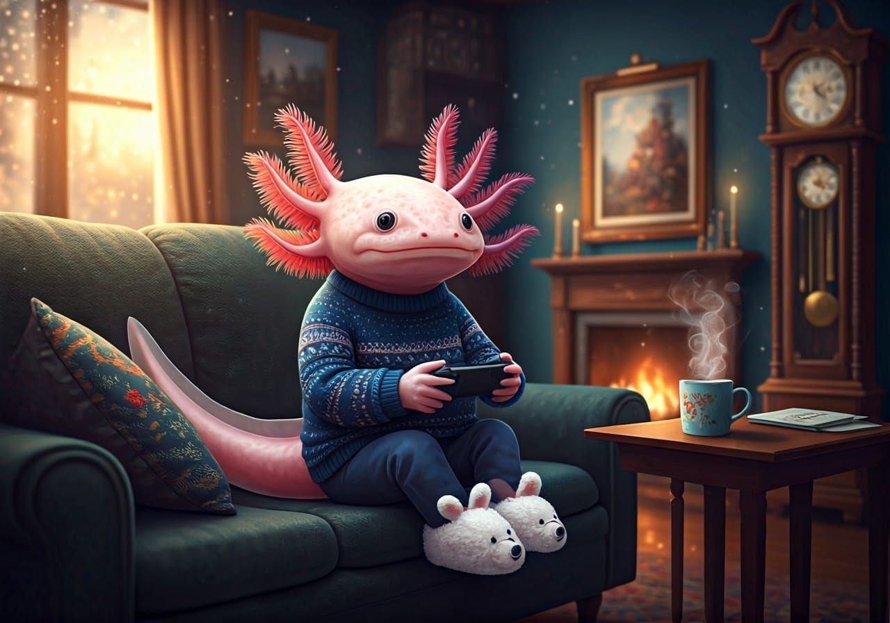 Axolotl Curling Up with a Good Game   by @Cheshyr Pontchartrain