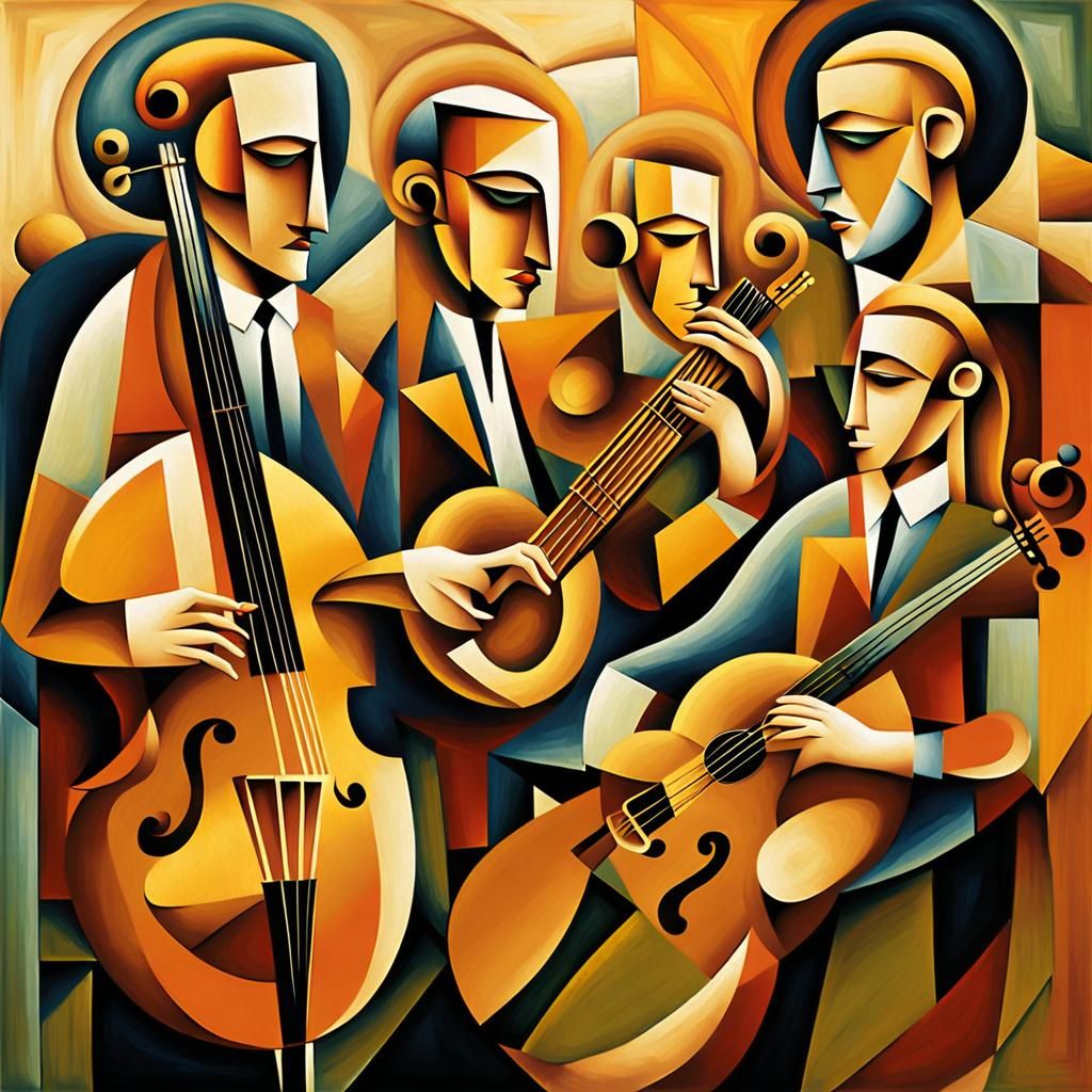 A avant-garde style cubism painting of a string Quartet.   by @Willy Star