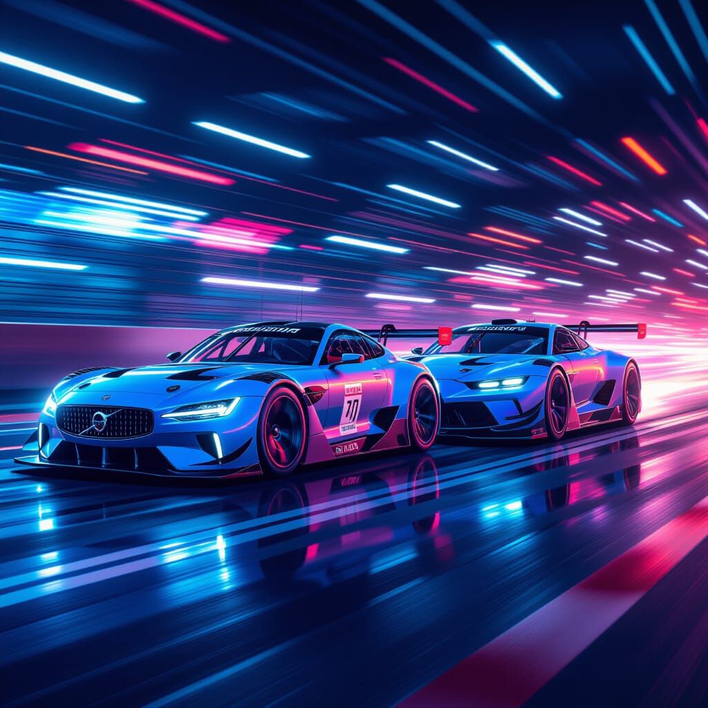 Volvo vs Bugatti Race in Fantasy Matte Painting