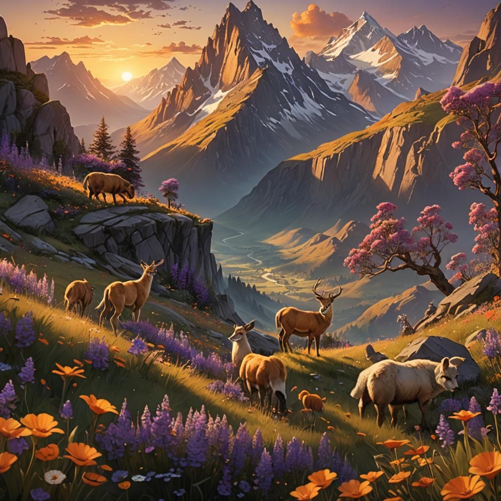 A beautiful sunset on the mountains with flowers and animals