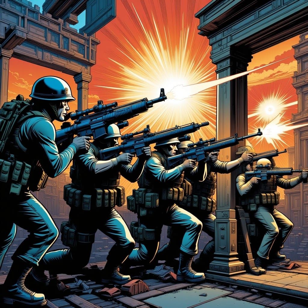 <lora:Comic XL Flux:1.0> A group of soldiers firing their weapons at an unseen enemy from behind a barricade, graphic novel style 