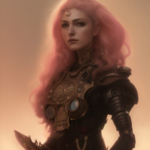 portrait of a middle-eastern steampunk woman, pale-pink hair...