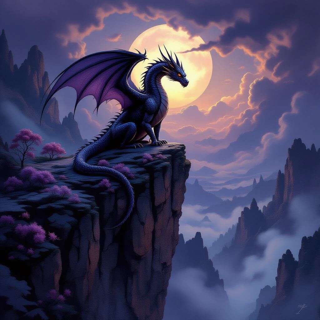 Shimmering Dragon on Blooming Cliff in Dark Fantasy