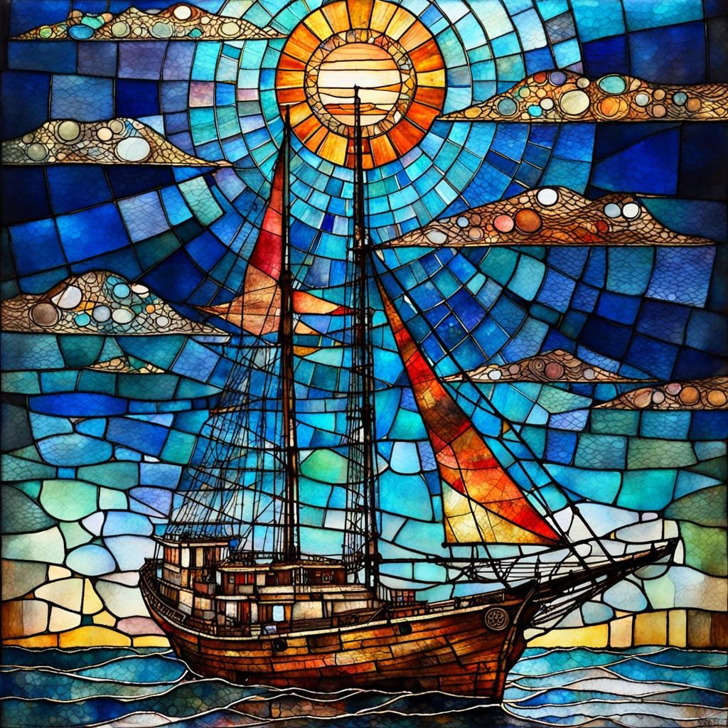 Very old Stained Glass Sailing-Ship.