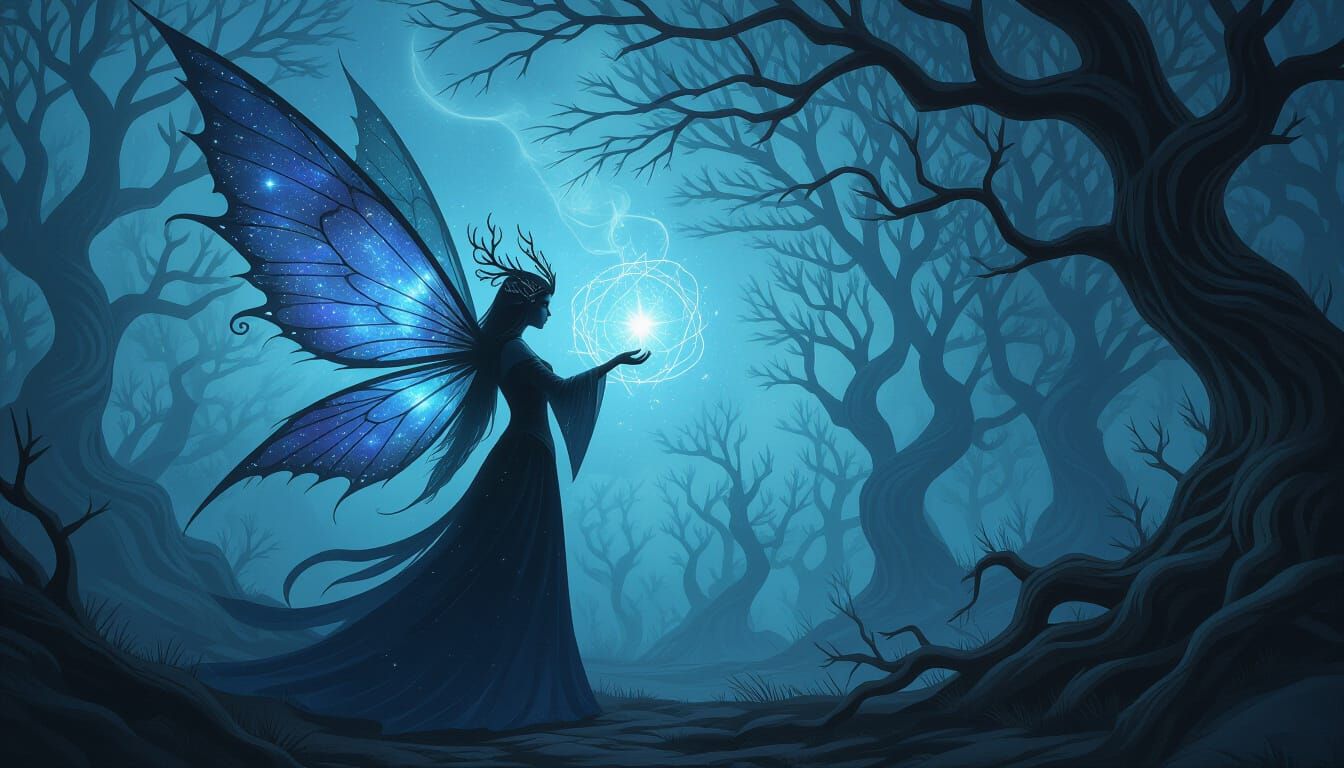A fairy necromancer, with wings woven from twilight and stardust, conjures spectral constellations in a desolate, enchanted forest. The tree...