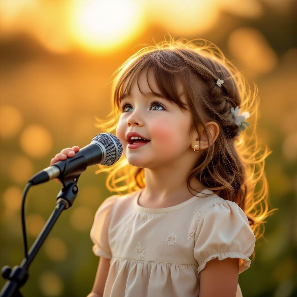 Cute Realistic Girl Sings into Microphone with Golden Hour L...