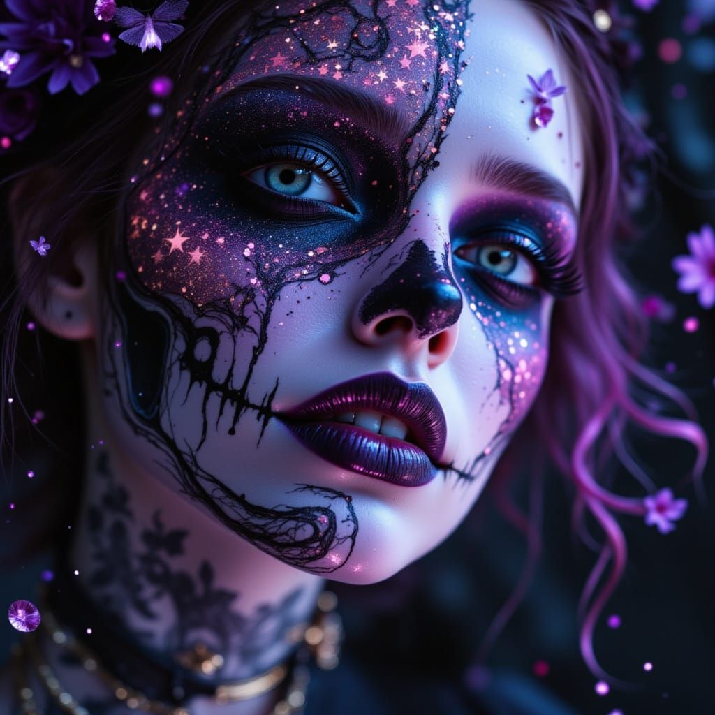 Gothic Woman Portrait With Half-Skull and Iridescent Makeup