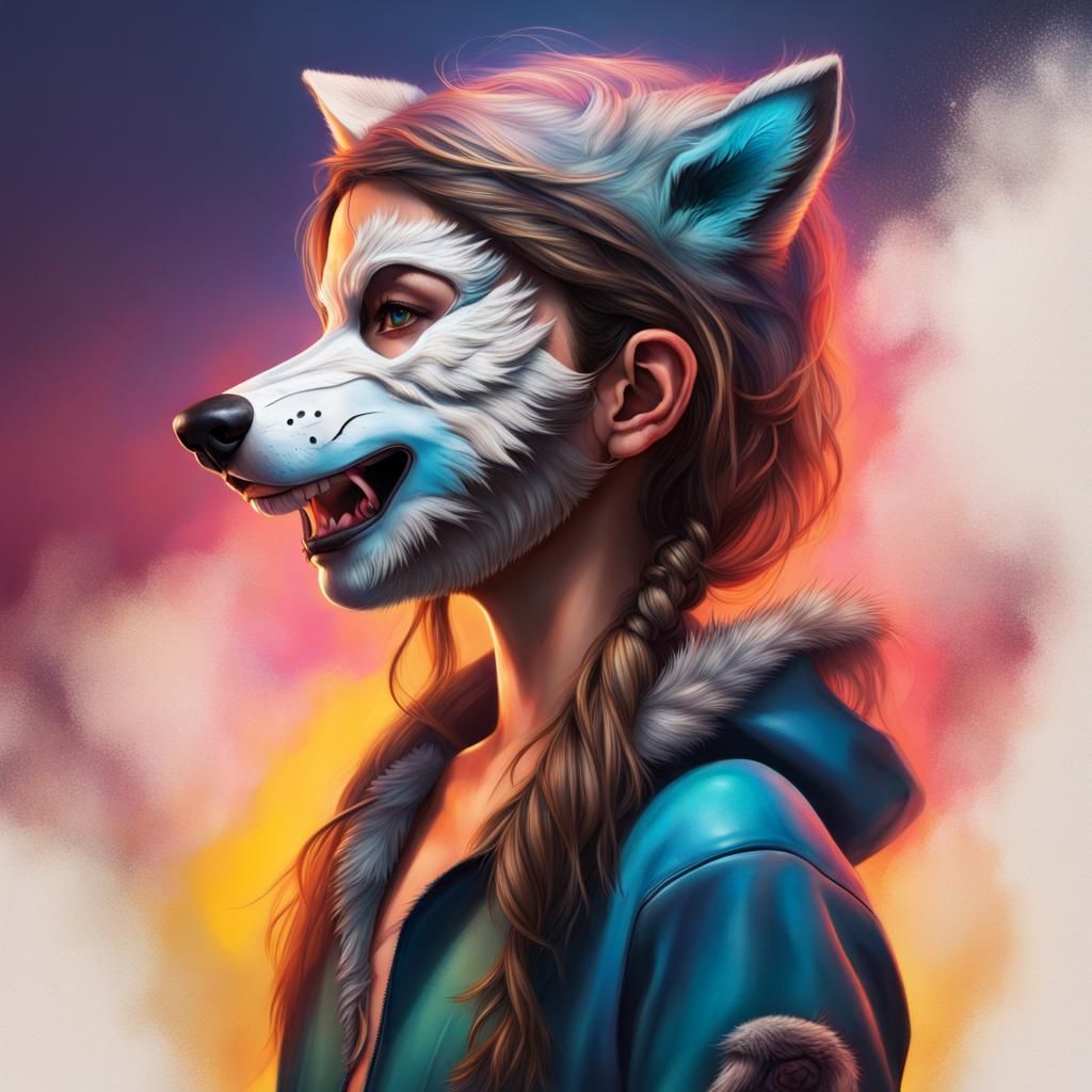 Girl wearing a wolf mask and tail