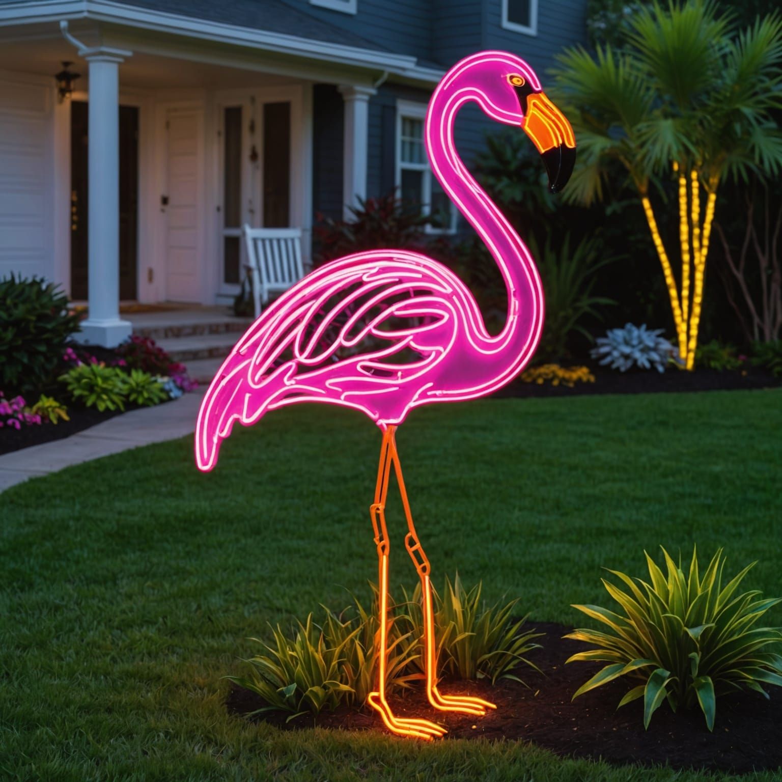 Neon Flamingo yard art   by @MarieTF