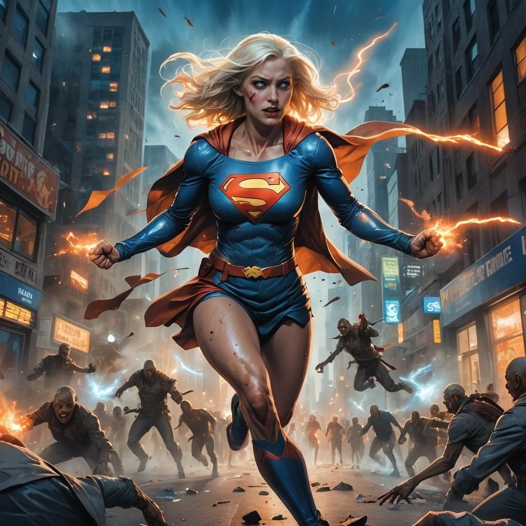 Platinum blonde Supergirl with long hair in a medium shot, fighting zombies in the streets of her city. detailed matte painting. Flashing si...