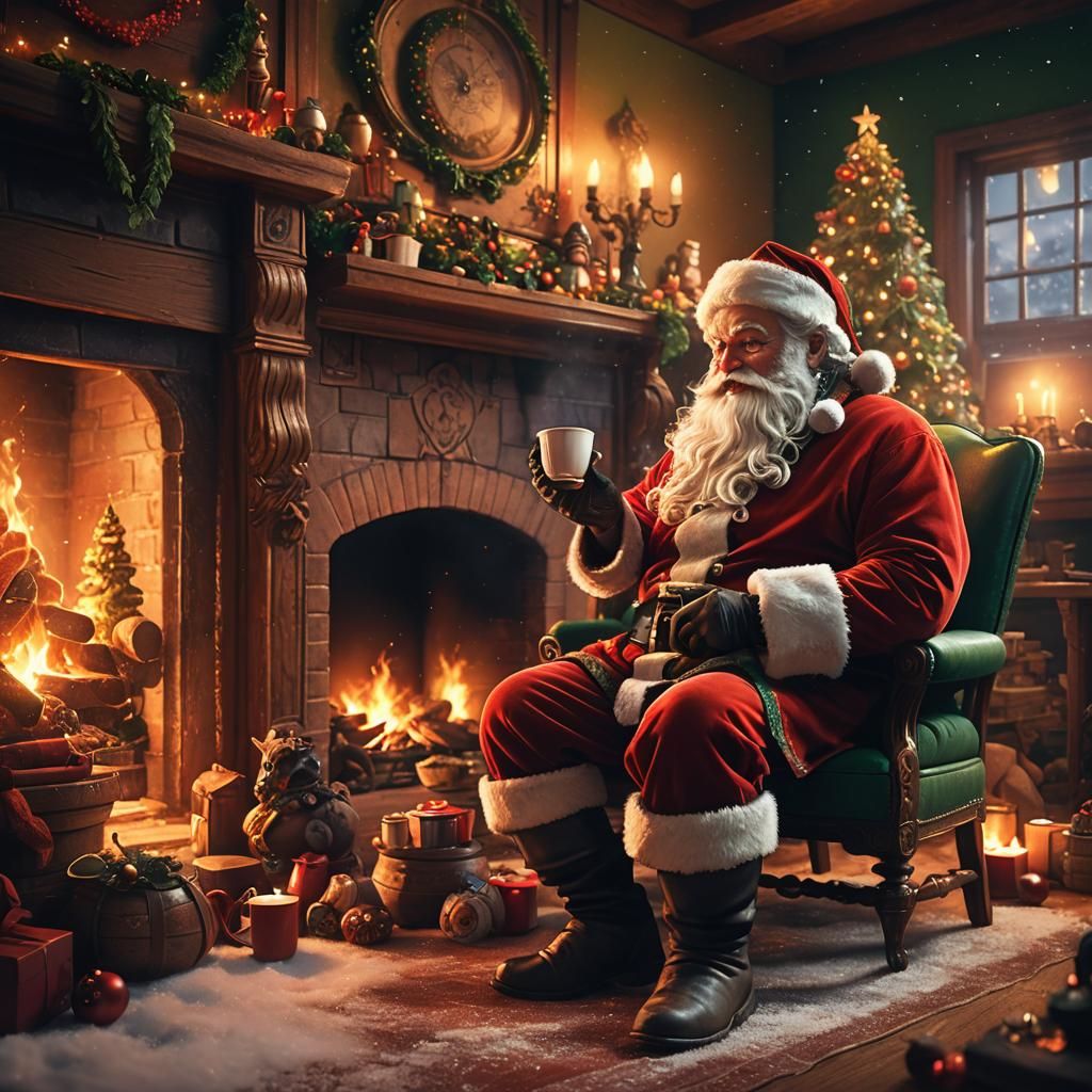 A warm Christmas night, Santa is drinking hot coffee next to the fireplace   by @Wukong