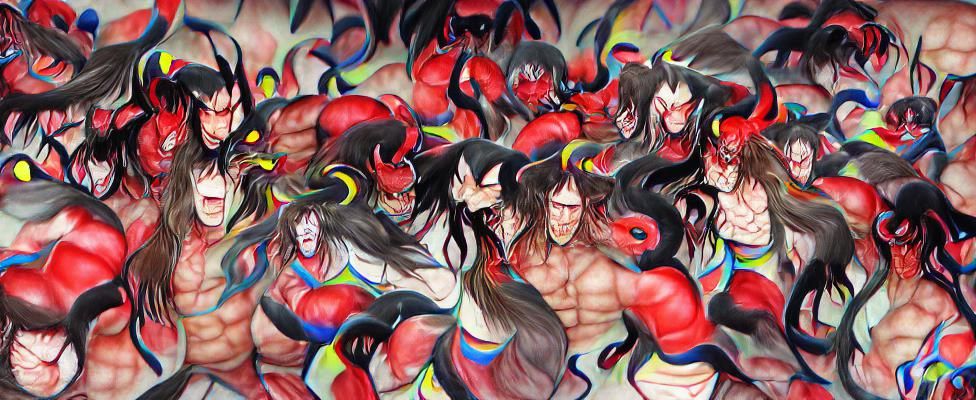 A million colorful demons with red eyes fighting a muscular ...