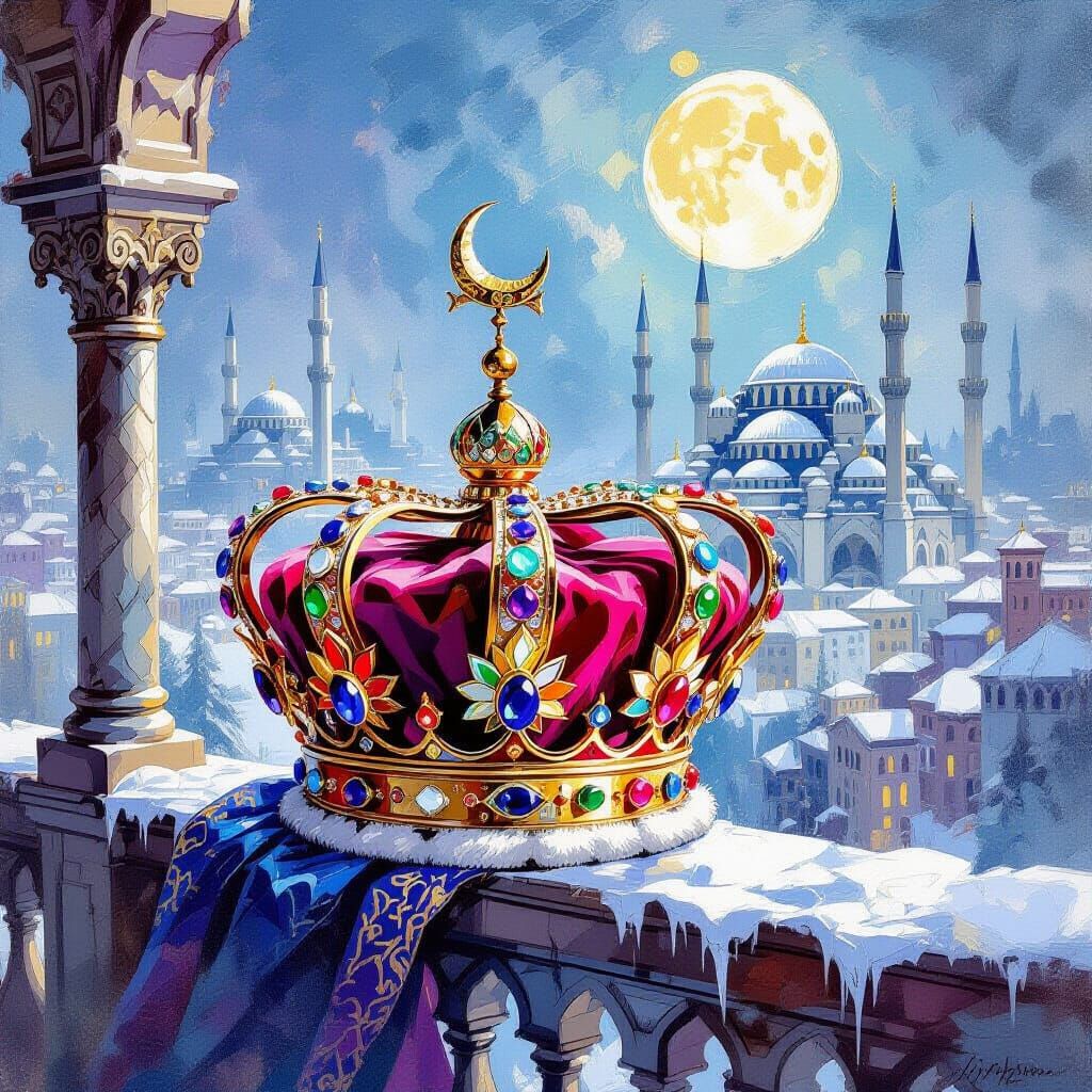A luxurious watercolor painting of a large Ottoman crown, adorned with a gem-shaped crescent attached ...  by @Bushra
