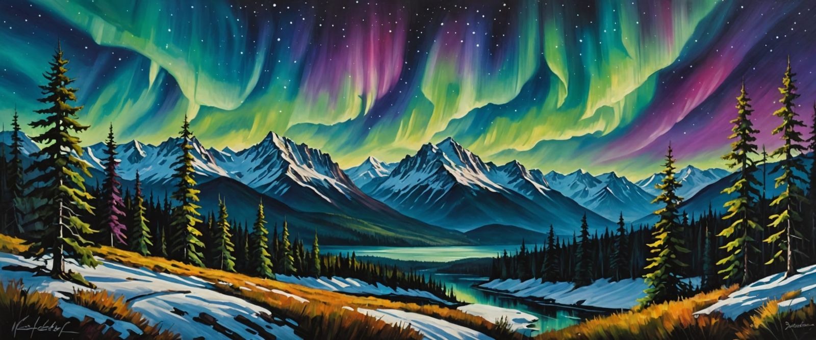 Aurora over a Serene Forest in Oil Painting Style