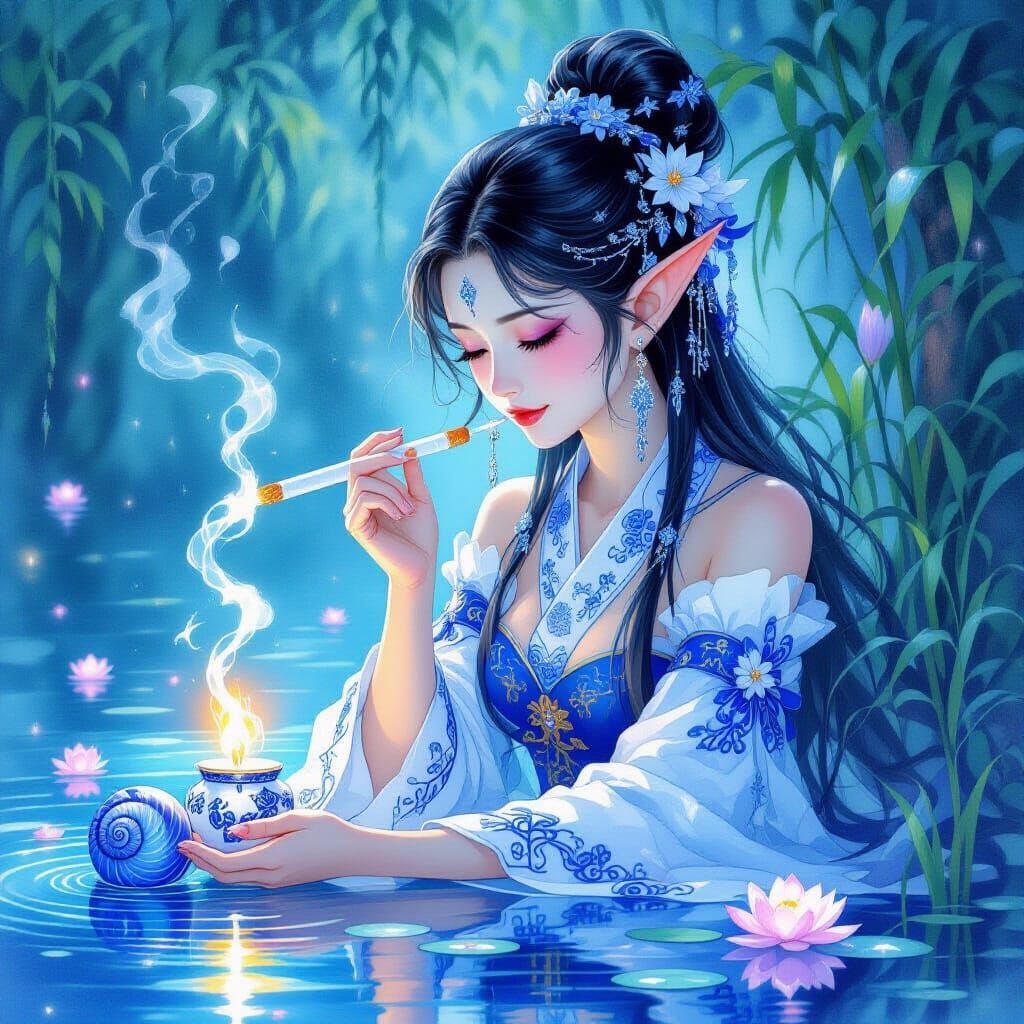 An anthropomorphic cigarette with a glowing ember tip and its paper body twisted into an arm, hugging  sensual young elf with purple skin an...