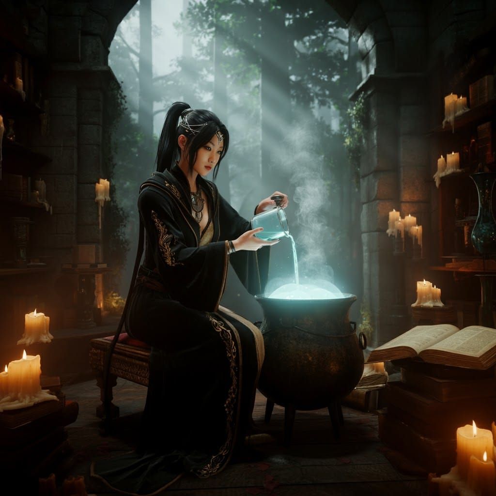 Brenda Song as a gorgeous witch brewing a potion over a coul...