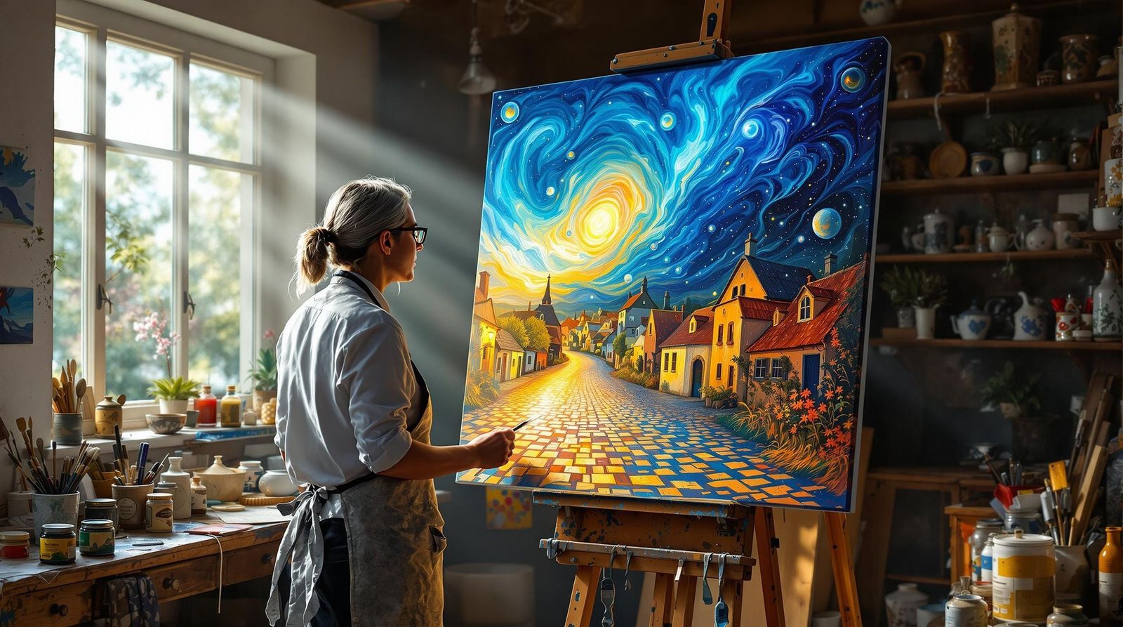 The image portrays a painter immersed in her craft.  by @Textured Color