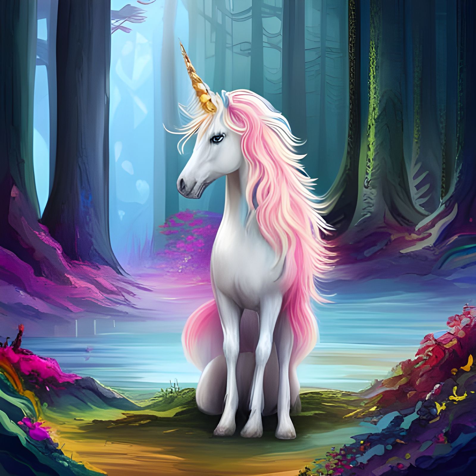 Pink unicorn in a forest  by @Artem