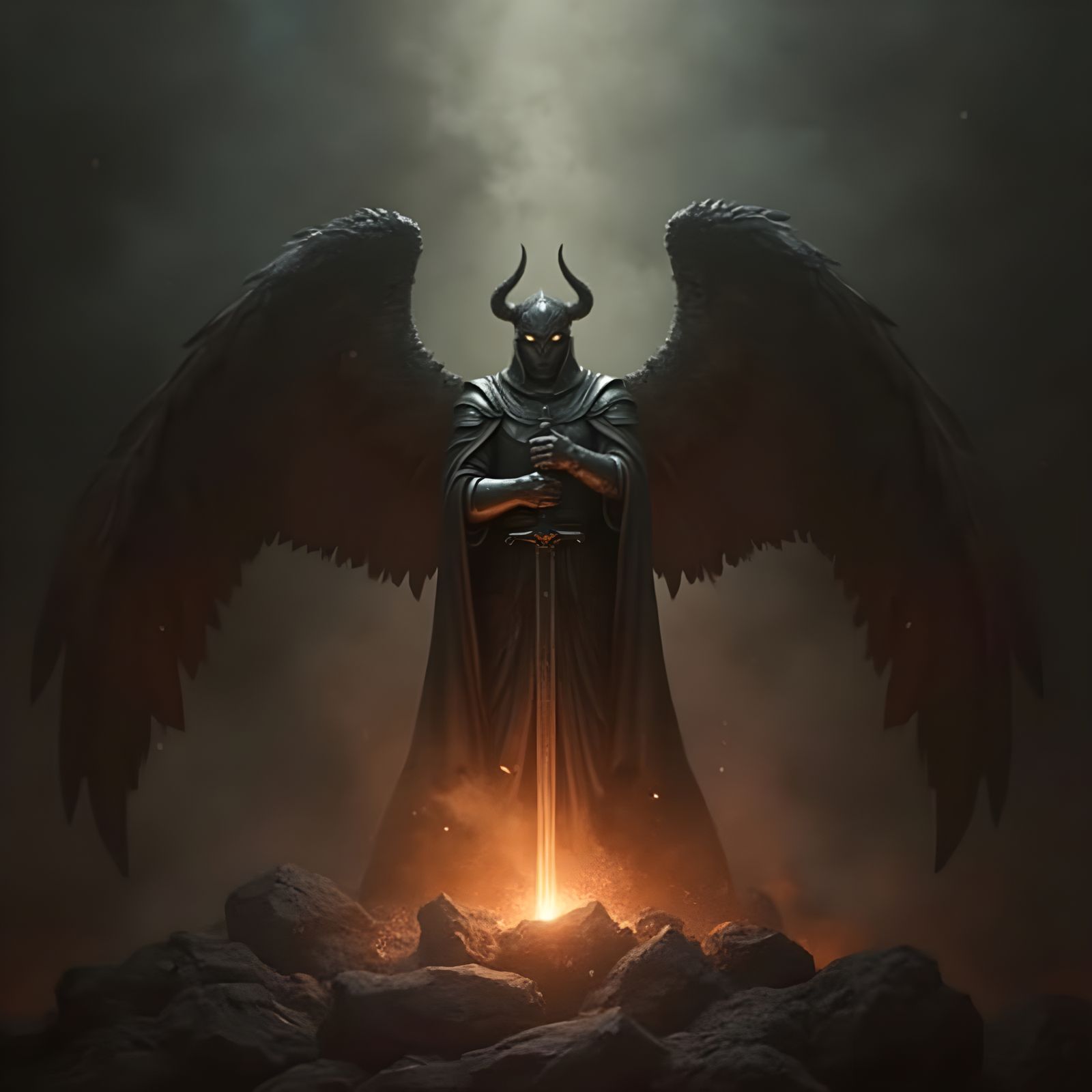 The Thorn of God forging the Absolution of Shadows and Rust in the Forges of Eternity dark horned helm templar angel holding sword