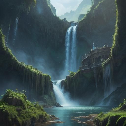 Waterfall Emerging from Human Map: Fantasy Realism