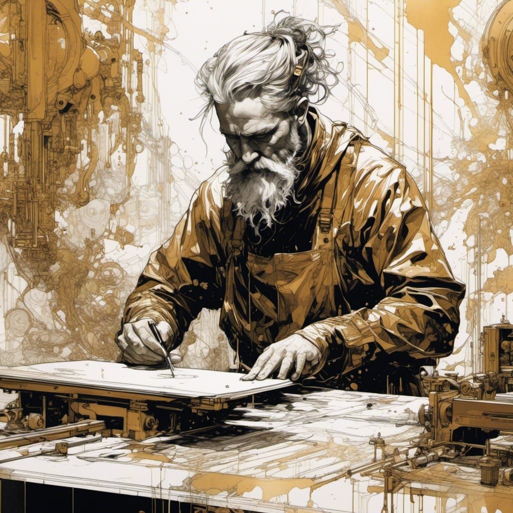 <lora:Inky:1.0> Insanely detailed splashy mid shot illustration of futuristic inventor at workbench sketching design for half finished robot...