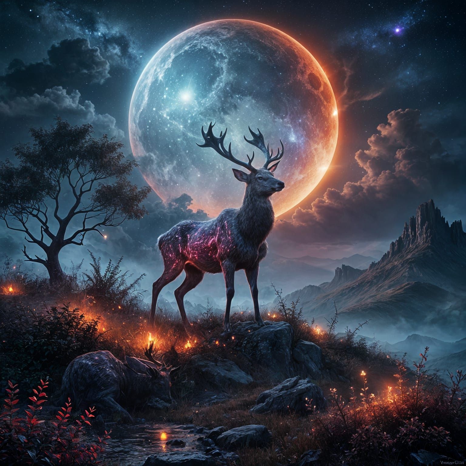 Mystical glowing deer standing on a hill under a vast galaxy sky, a massive blood crescent moon looming ...  by @rezz