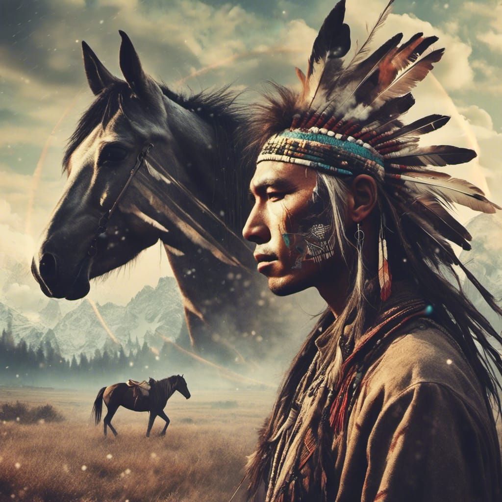 Native American man with two horses.