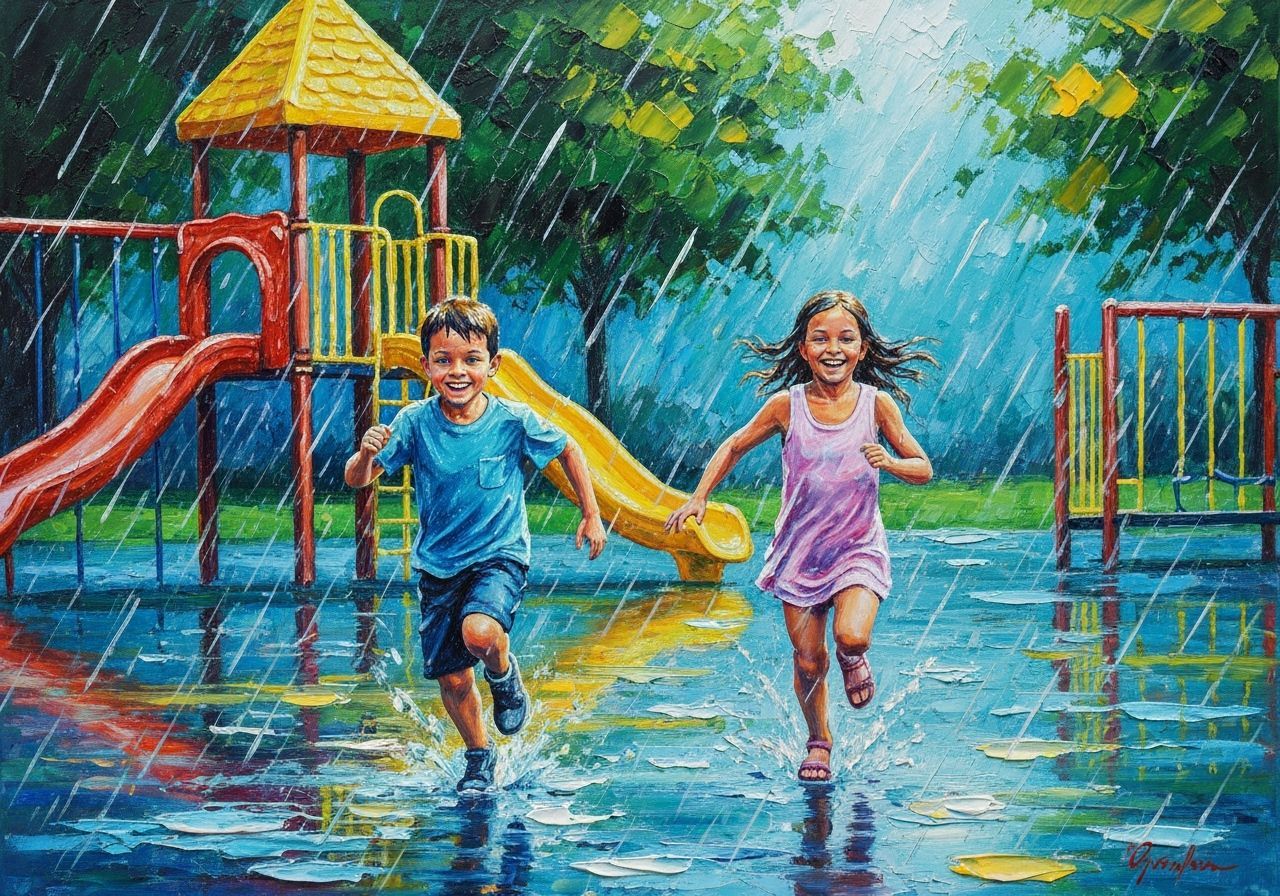 Summer rain storm, children running from a playground,   by @Alison