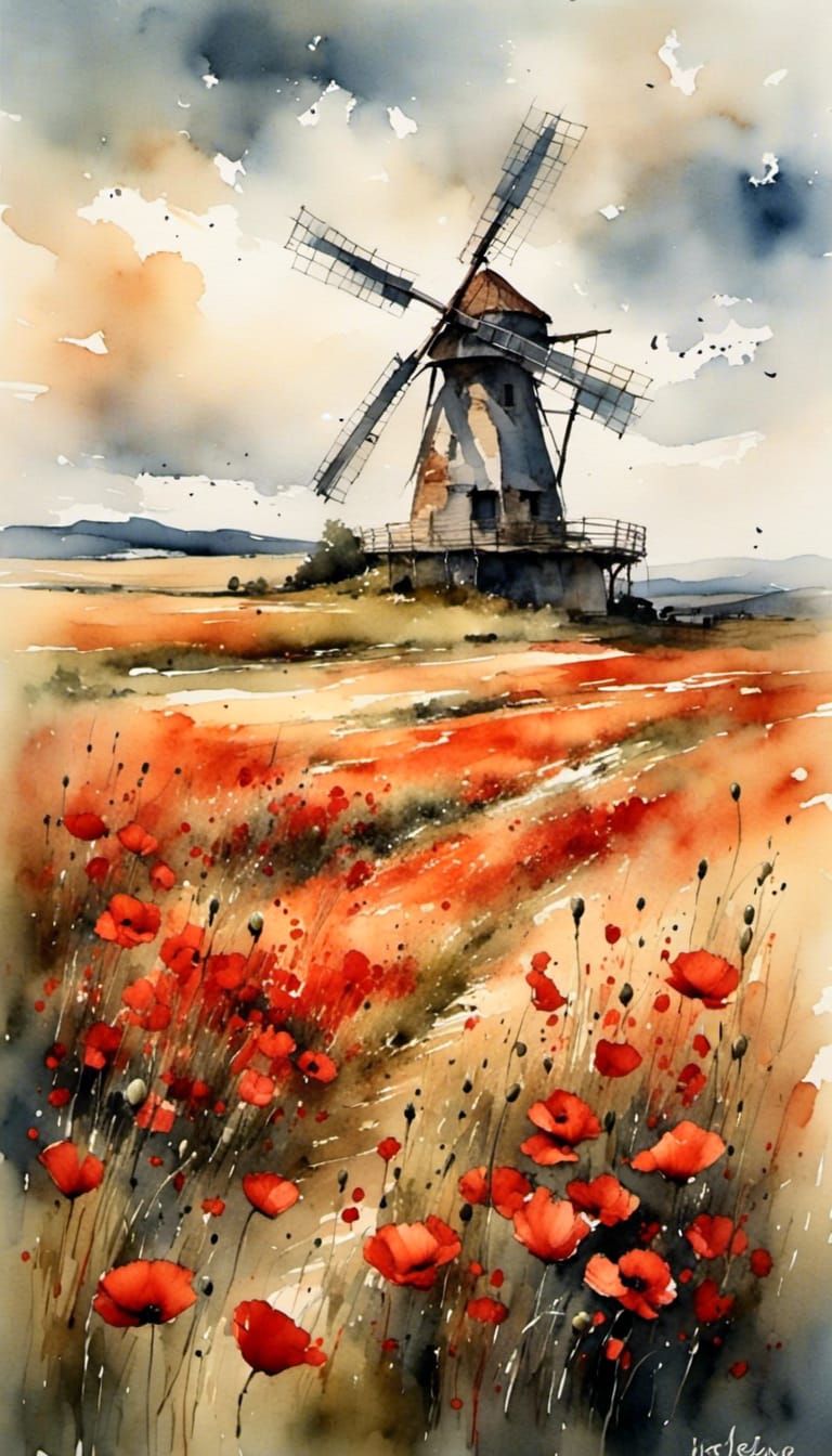 poppy field surrounding a pretty windmill<lora:Watercolors biboo:1.0>   by @Biboo
