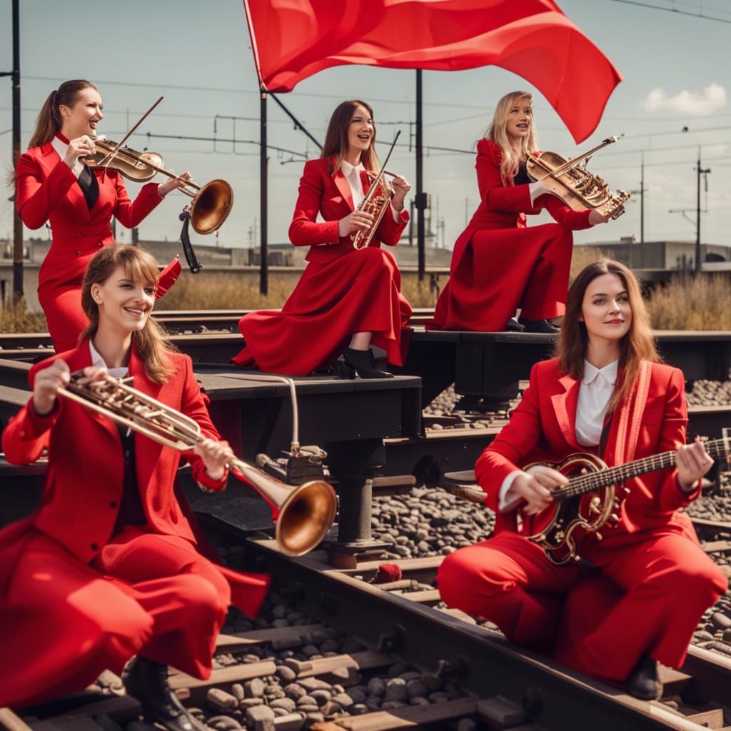 BAND of beautiful female musicians playing their instruments...